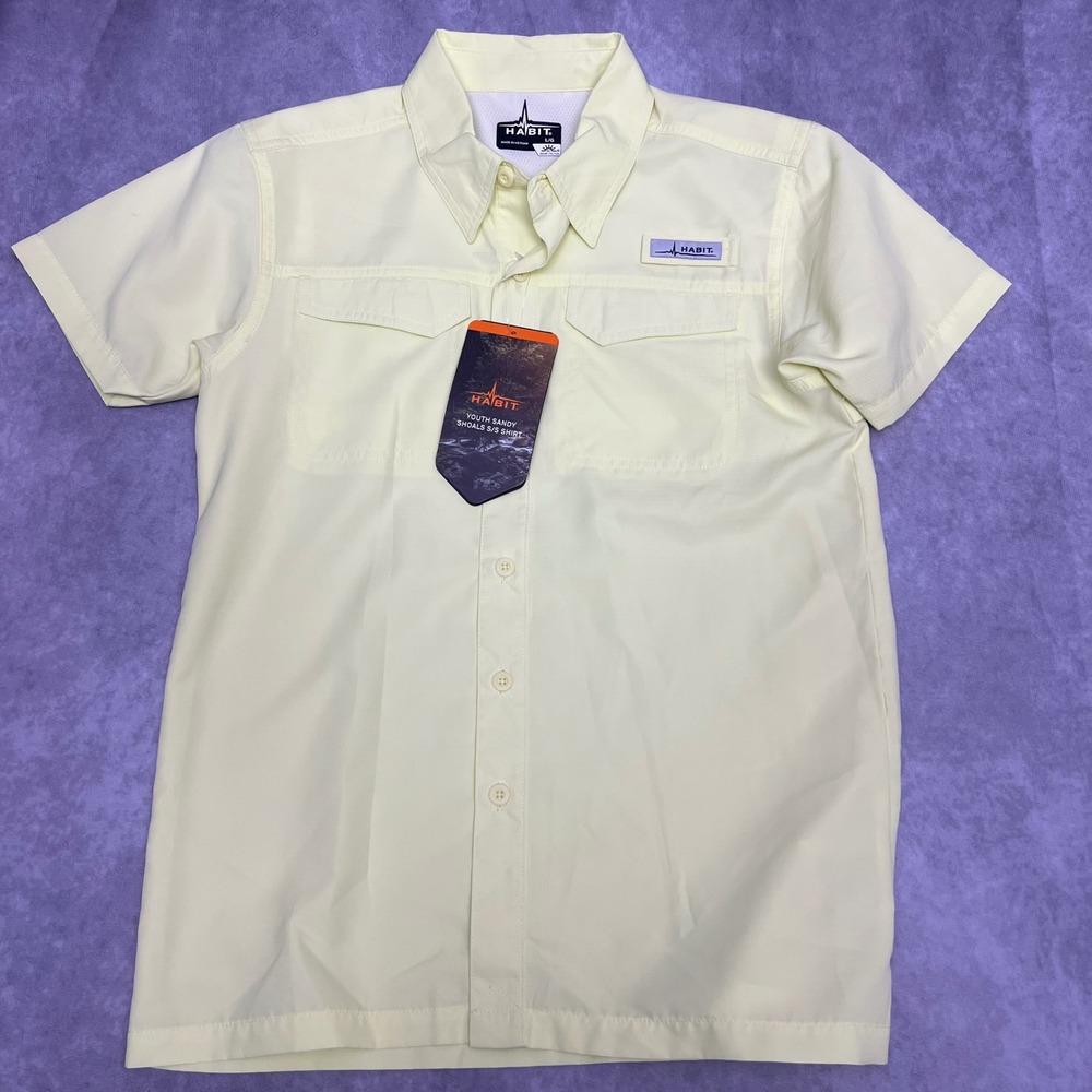 Habit Sandy Shoals Shirt Kids Youth Large Yellow NWT UPF 40 Short Sleeve Fishing